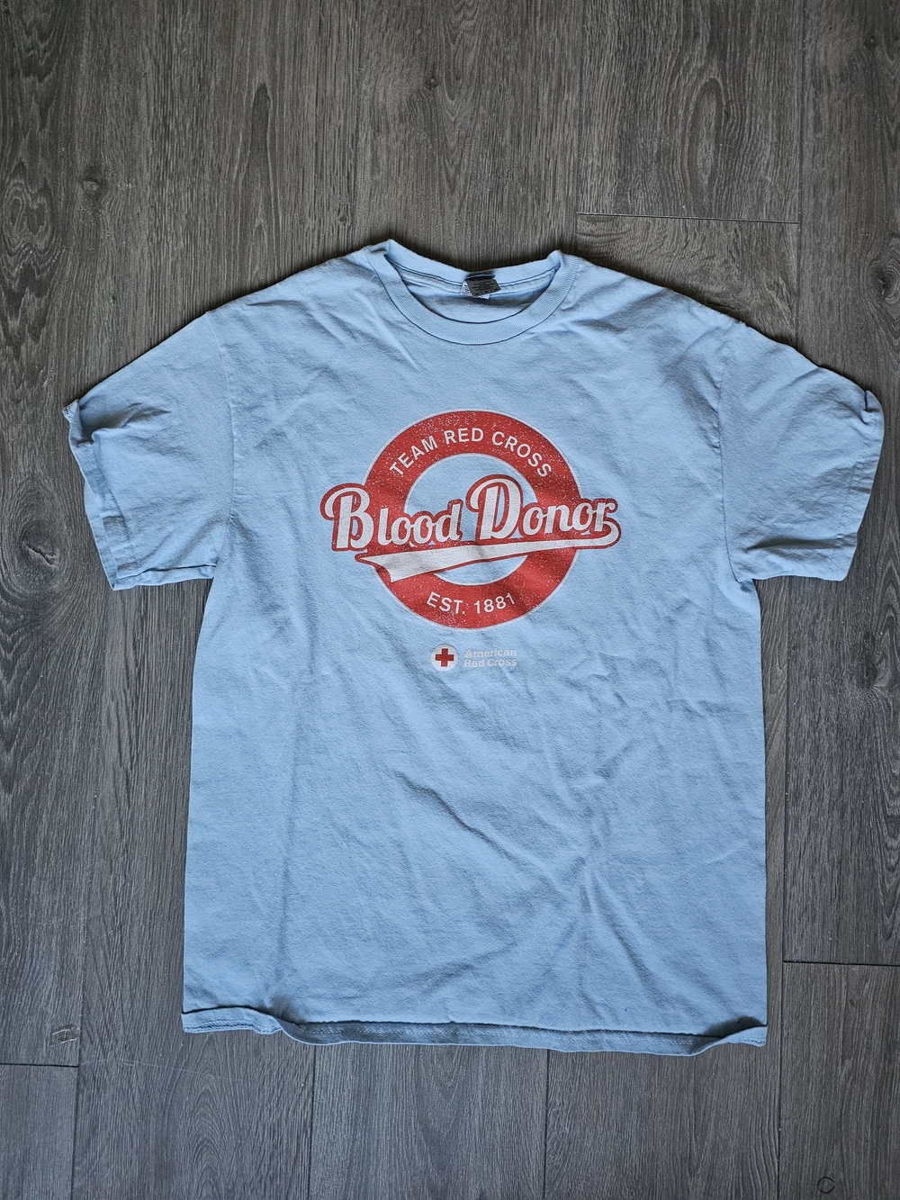 Vintage Gildan Light Blue 'Blood Donor' Graphic Tee with Red Logo